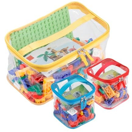 3-Pack PVC Clear Toy Storage Bags with Lids & Handle(12 x 7.8 x 7), Colored Organizing Bins with Zipper, Double Zipper Cube Blocks Board game Storage Organizer Case Bins for Playroom