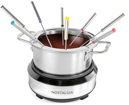 Nostalgia 8-Cup Electric Fondue Pot Set for Cheese & Chocolate - 8 Color-Coded Forks, Temperature Control - Kitchen Gadgets and Appliances for Hors d'Oeuvres and More - Stainless Steel
