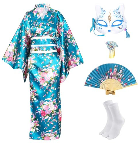 CRFASIBE 5 Pièces Kimono Robe Longue pour Femme, Kimono Japonais Peignoir Imprimé Sakura, Japonaise Cosplay Décoration Yukata Set de Costume avec Accessoires(Bleu)