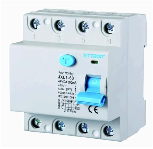 Interruttore differenziale puro 4P, occupa 4 moduli, Tipo AC, 380V 415V AC, 40A C40, 300mA, 6KA 6000A, RCCB, Montaggio su guida DIN