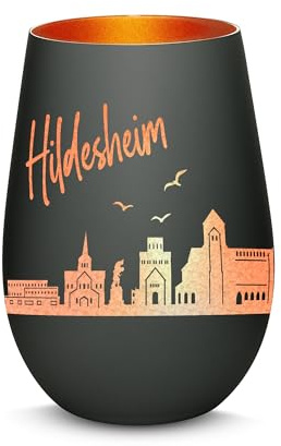 Gravur-Max Windlicht mit 360° Gravur Skyline Hildesheim Deko Glaslicht als tolles Geschenk mit Einer hochwertigen Lasergravur zu jedem Anlass in der Farbe Schwarz/Bronze