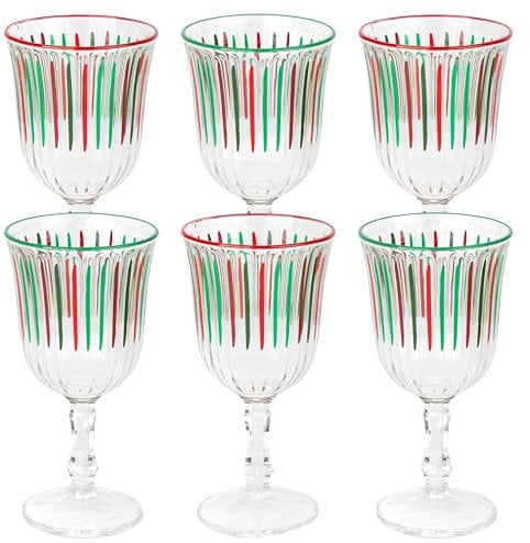 Talking Tables 6 x Wine Glass Green and Red Coloured Striped Drinking Glasses for Wine Prosecco Water Juice Cocktail Christmas Birthday Party Restaurants Catering BBQ 240 ML