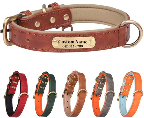 Collar de cuero personalizado para perro, ajustable, personalizable para perro pequeño, mediano, grande, XL, collar de perro personalizado con placa de nombre grabable (marrón)