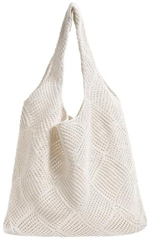 Augesak Bolso de Playa para Mujer, Bolso de Hombro de Punto para Mujer, Bolso de Playa de Malla para Fiestas en la Playa Viajes Compras-Beige