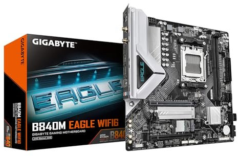 GIGABYTE B840M EAGLE WIFI6 Scheda Madre – CPU AMD Ryzen 9000, VRM a 5+2+2 fasi, fino a 7600 MHz DDR5 (O.C.), 1 x M.2 PCIe 4.0 + 1 x M.2 PCIe 3.0, Wi-Fi 6, LAN 2.5 GbE, USB 3.2 Gen 1