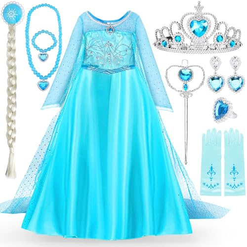 ITMNMNL Elsa Costume pour fille 11 pièces, robe Elsa avec couronne, diadème, gants, baguette magique, collier, bracelet pour Noël, carnaval, Halloween, fête – 110 cm