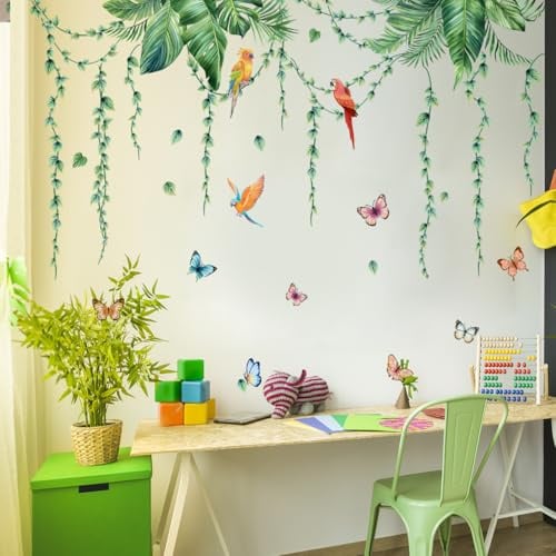 GoldOars Wandtattoo Pflanzen Tropische Blätter Wandaufkleber Hängende Rebe Grün Wandsticker Palmen Blätter Vögel Schmetterling Wanddeko für Wohnzimmer Schlafzimmer Flur