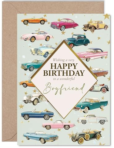 Geburtstagskarte für Freund – Classic Cars – Happy Birthday Karte für Freund von Freundin Partner, 12,7 x 17,8 cm, Vintage-Motors-Grußkarten