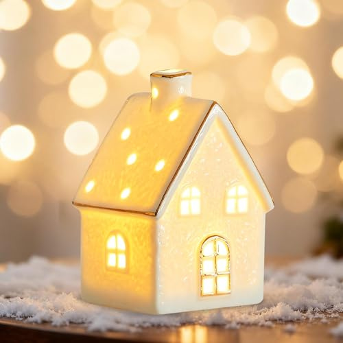 Xevinas Weihnachtsdeko LED Weihnachtshaus, Porzellan Häuser Weiß Mit Goldenen Kanten, Lichterhaus Keramik Weihnachtsdorf Mit Beleuchtung Batteriebetrieben, DIY Winter Deko Adventsdeko Innen (A)
