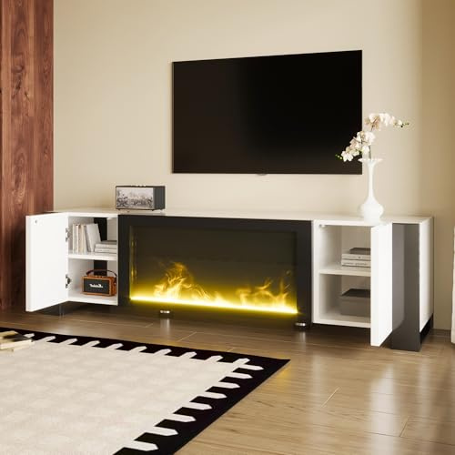 Mielvu Mueble bajo para TV con chimenea eléctrica, efecto llama, sin función de calefacción, color a juego