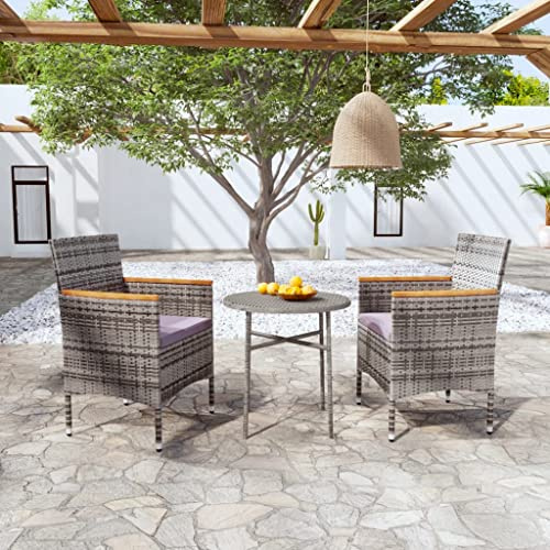 Ziaphsol 3-TLG. Garten-Essgruppe Poly Rattan Grau, pulverbeschichteter Stahl, Akazienholz, 45cm Durchmesser Tisch, wetterfestes Outdoor Terrassenmöbel Set für Balkon, kleine Bereiche