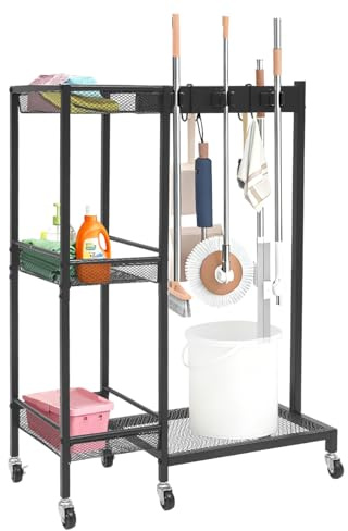 Chariot de nettoyage, support pour outils de jardin, avec roue et crochet, support pour outils de jardin, porte-balai, étagère de rangement multi-usages, organisateur de nettoyage mobile