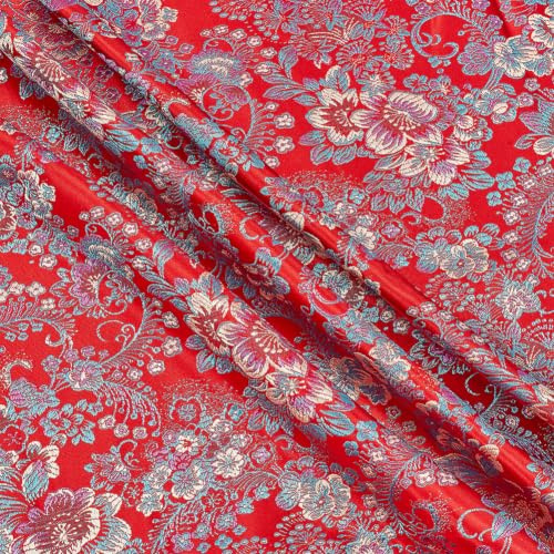 AHANDMAKER 2m Chinesischer Blumen Brokatstoff 75cm Breit Blüten Jacquard Brokat Seidiger Stoff für Nähen DIY Kostüme Quilten Deko und Basteln Hochzeitskleid Rot
