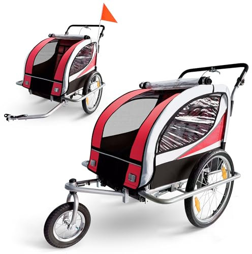 SAMAX Children Bike Trailer 2in1 Kids Jogger Stroller with Suspension 360° rotatable Childs Bicycle Trailer Transport Buggy Carrier for 2 Kids in Red - Silver Frame
