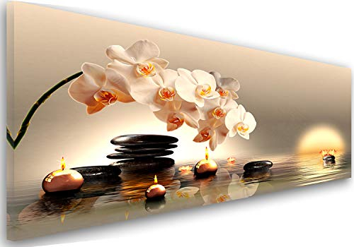 Feeby Wandbild - Wohnzimmer Modern Deko - Orchidee Zen Steine Beige - 150x60 cm 1tlg - Bilder Leinwand - Bild auf Leinwand Schlafzimmer - Leinwandbilder für die Wand - Canvas Painting - Fotokunst