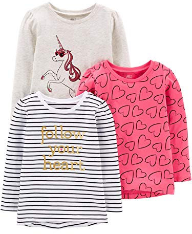 Simple Joys by Carter's Girls' 3-Pack Graphic Long-Sleeve Tees T-Shirt Set, Hearts/Stripes/Unicorn, 5 Years (Pack of 3)