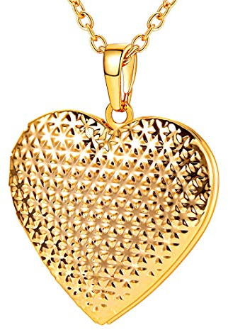 U7 Medaillons für Damen Mädchen Halskette Punkte Muster Herz Anhänger zum Öffnen mit 50+5cm Kette Gelbgold Herz Medaillon Photo Bilder Amulett Souvenir Modeschmuck für Freund Jahrestag
