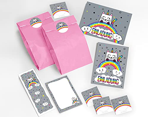 JuNa-Experten 12 Einladungskarten zum Kindergeburtstag Katze-Einhorn für Mädchen/Unicorn incl. 12 Umschläge, 12 Tüten/hellrosa, 12 Aufkleber, 12 Blöcke, 12 Lesezeichen