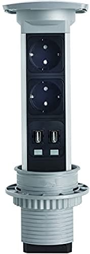 Kopp by ASA 939616015 VersaPULL versenkbarer Steckdosenturm/Tischsteckdose mit Ausziehfunktion zum Einbau in Möbel/Arbeitsflächen, 2 Schutzkontakt-Steckdosen, 2 USB-Anschlüsse (2.1A), 3400W, Alu-Optik
