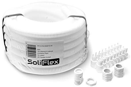 SoliFlex Flexible Conduit Outdoor Cable Contractor Pack IP40-10M Coil - Underground Burial, External Trunking, Electrical Ducting, Hose Pipe Wire Protection. w/Fittings - 10 Glands and Locknuts