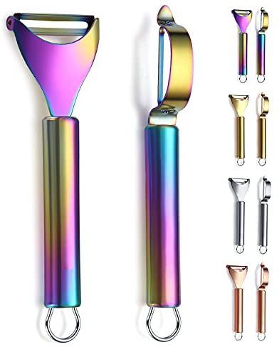 Rainbow Potato Vegetable Peeler, Kyraton Stainless Steel Apple Fruit Veggie Peeler with Colorful Titanium Plating, Peelers for Kitchen Ergonomic Non Slip Handle Dishwasher Safe, Set of 2