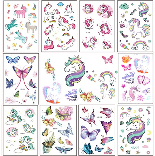 Tattoo für Kinder Tattoos,200 PCS Einhorn Mädchen perfekt für Kindergeburtstag Party Mitgebsel,Tattoos Mädchen Hautfreundliche Temporäre Kindertattoos