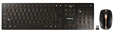 CHERRY DW 9100 SLIM, ensemble clavier et souris sans fil, layout espagnol (QWERTY), connexion Bluetooth et radio, touches silencieuses, rechargeable, noir-bronze