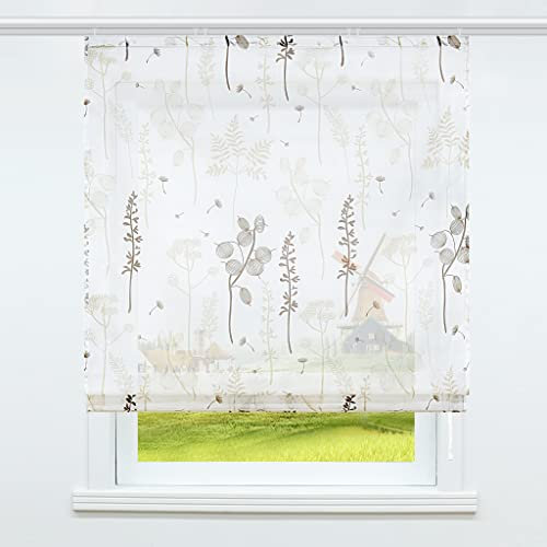 CORLIF Voile Raffrollo mit Klettband Gardinen Küche Raffgardinen Transparent Bändchenrollo Vorhänge mit Laternenblume Modern Sand BxH 60x140cm 1 Stück