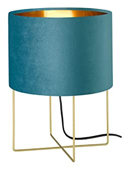Ausgefallene LED Tischlampe mit Lampenschirm Samt Türkis - innen Gold Ø24cm