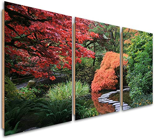 Feeby 3 pièces Image Panneau Déco 120x60 cm Jardin japonais Chemin de pierre Japon Image décoration murale Tableau Déco Mural Salle De Séjour Asie Culture japonaise Des arbres vert