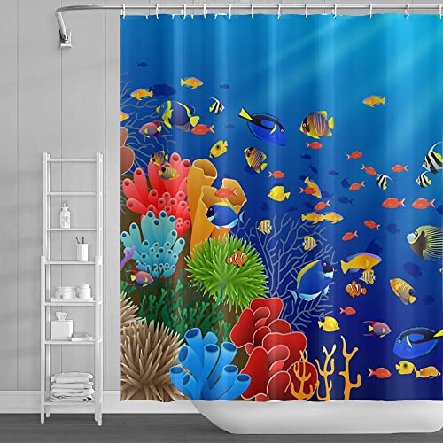 SDOTPMT 90x183cm Ozean Tropisch Fische Duschvorhang Bunt Karikatur Fische Koralle Riff Marine Tier Badevorhang Unterwasser Meereslandschaft Badewannenvorhang für Badezimmer Polyester mit Haken