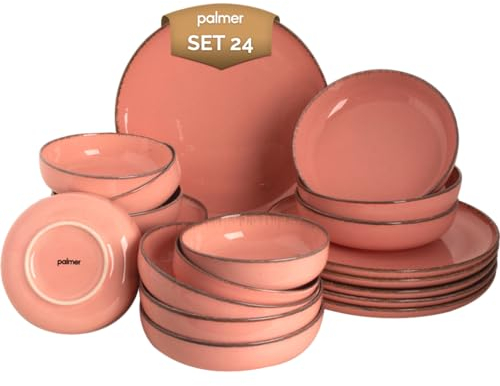 Palmer ANTIGO Geschirrset 6 Personen, modernes Tafelservice 24-teilig, Kombiservice Steingut, Geschirr Rosa, Spülmaschinen -& Mikrowellenfest