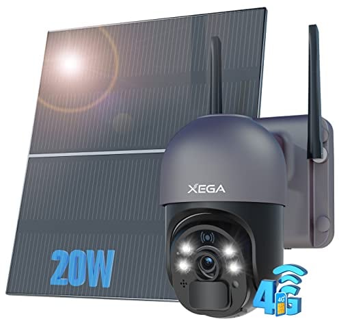 Xega 4G LTE Überwachungskamera mit SIM Karte Aussen【20W Solarpanel】 20,000mAh Akku 2K 3MP PTZ Solar Kabellos Überwachungskamera ohne WLAN, 355°/95° Schwenkbar, Farb-Nachtsicht, PIR Erkennung,IP66