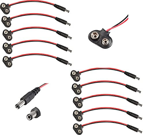 9V Battery Connector 9v Battery Clip T Type with DC 5.5mmx2.1mm Male Plug for 9V Alkaline Battery,10Pack