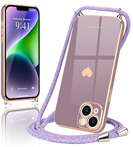 Wirvyuer Coque avec Cordon pour iPhone 14 Plus Coque Ultra Mince Silicone Souple Étui en Motif Coeur avec Chaîne Collier Réglable Téléphone Portable Lanyard Case pour iPhone 14 Plus Lavande