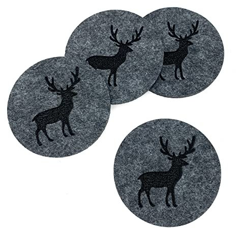 heimtexland ® Tischdeko Filz Glasuntersetzer abwaschbar Landhaus Tischdekoration Gläser Untersetzer rund 10 cm Typ847 Anthrazit - Hirsch 4er Pack