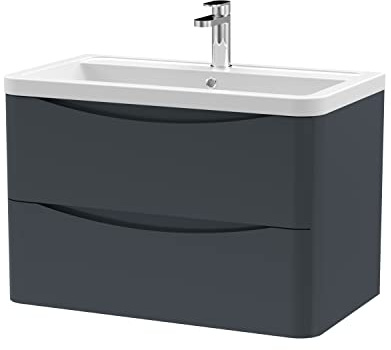 nuie LUN1404A Lunar Modern Bathroom Wall Hung 2 Drawer Vanity Basin Unit & Ceramic Basin, 800mm, Soft Black