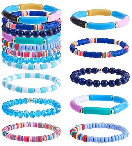 WEWAYSMILE 8Pcs Bracelets de Perles de Verre Colorées, Ensemble de Bracelets Extensibles Perlés, Bracelets Empilables Boho, Bijoux de Poignet pour Femmes, Bleu