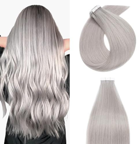 Silk-co Tape Extensions Echthaar 20stk, Haarverlängerung Tape in Extensions Echthaar, Remy Haarextension Kleber Skin Weft Tape Ins, 50g GREY# Grau 40cm