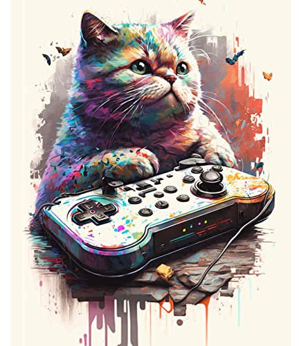 Malen nach Zahlen für erwachsene Studenten Anfänger Katze buntes Spielschild Malen nach Zahlen Kits Leinwand Aquarell Gaming Thema DIY Ölgemälde für Zuhause Wandkunst Dekor Geschenk Kunstwerk(gerahmt)