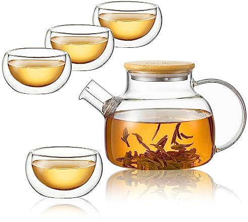 CNGLASS 900ml/30,4oz Glas Teekanne Herdplattensichere mit 100ml/3,4oz (4er-Pack) Doppelwandige Teetassen aus Glas, Glasteekanne Geschenkset für lose Blätter und blühenden Tee