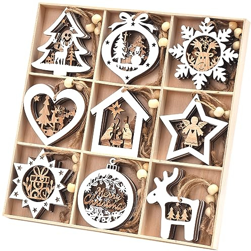 Ovootok Wooden Christmas Tree Ornaments, 27PCs 3D Hanging Christmas Decorations, Rustic Farmhouse & Winter Wonderland Ornaments for Christmas Tree Xmas Party, Santa Claus Snowman Snowflake (White)