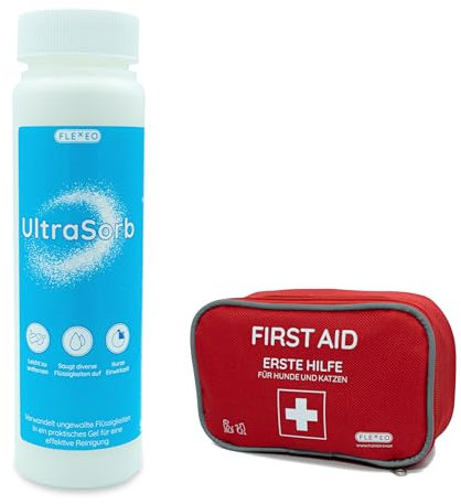 FLEXEO Erste-Hilfe-Haustierset bestehend aus Erste-Hilfe-Set für Hunde und Katzen und Superabsorber Pulver für Urin/KOT/Flüssigkeiten (Erste-Hilfe-Set Haustiere + UltraSorb Kotzpulver)
