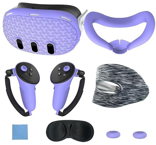 7-Piece Accessory Set for Meta Quest 3, Anti-Scratch VR Shell Cover, Face Cover, Button Rocker Caps, Lens Protective Cover, Wiping Cloth, Eye Mask (Colour Random) (Purple)