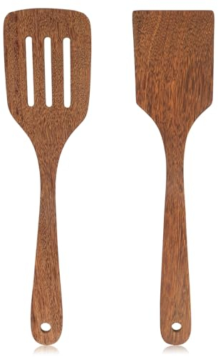 2 Pièces Spatule en Bois Cuisine, Ustensiles de Cuisine Bois Anti-Rayures de 33 cm, Non Stick Bois Turner Cuisine Outil, Écologique et Sécuritaire, pour Mélanger, Racler, Couper, Servir, Remuer