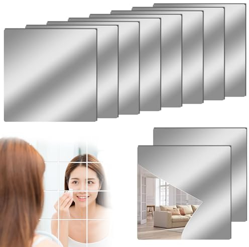 Adesivi Murali a Specchio, Specchio Decorativo Autoadesivo, 10 pezzi Piastrelle Specchiate, Specchio Adesivo per Armadio, Senza cornice specchio adesivo per Muro, Bagno, Decorazioni Fai,20X20 cm