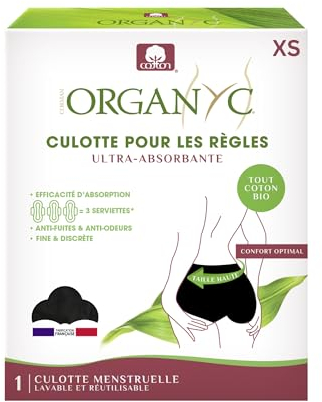 Braga reutilizable Organyc para menstruales, ultraabsorbente, talla XS, color negro