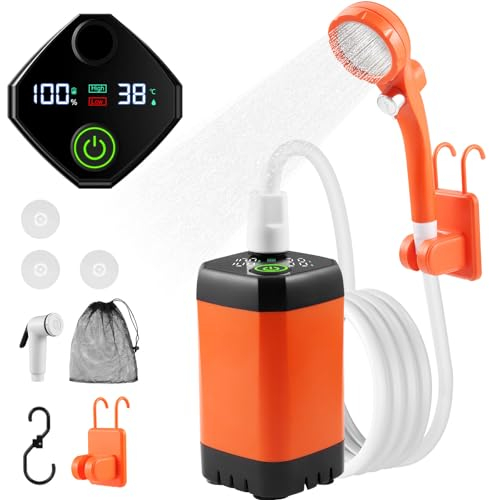 Towwoo Doccia Portatile Camper, Pompa Doccia con Schermo di Temperatura E Potenza, 7800 mAh, Soffione Doccia Esterno per Campeggio, Piante da Giardino, Lavaggio Auto E Cane (Arancione)