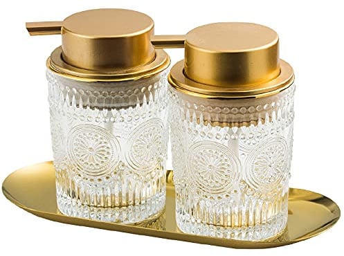 kiss me Glass Soap Dispenser with Pump, Creative Countertop Foam Soap Dispensers Hand Soap Bottle Set, Refillable Premium Lotion Soap Dispenser for Bathroom, Kitchen and Hotel (Large*2 trays)
