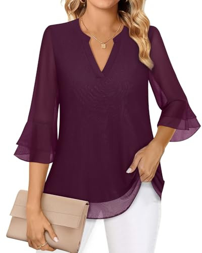 Akiooue 3/4 Sleeve Tops for Women UK - Purple V Neck Work & Casual Tunic Blouse